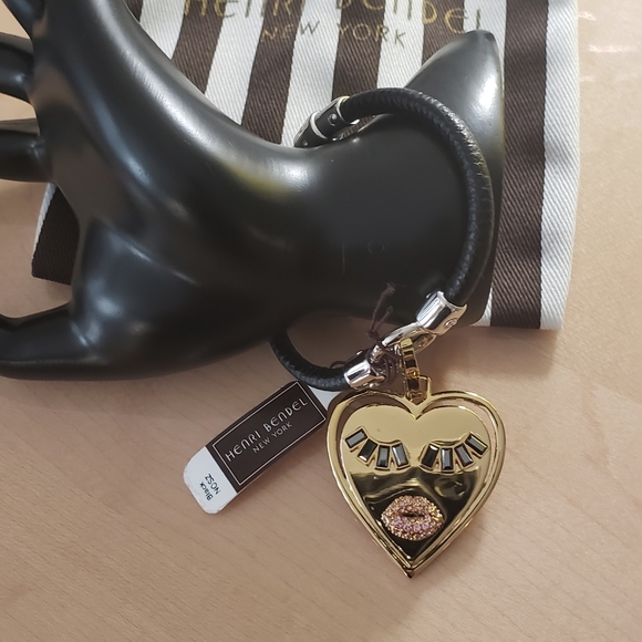 Henri Bendel Black Leather Charm Bracelet with Gold Heart...